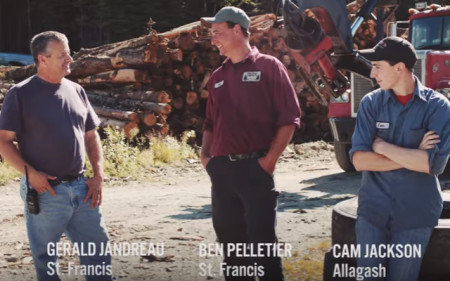 Screen shot of a September 2016 political television ad endorsed by Emily Cain in which northern Maine loggers express opinions about U.S. Rep. Bruce Poliquin.