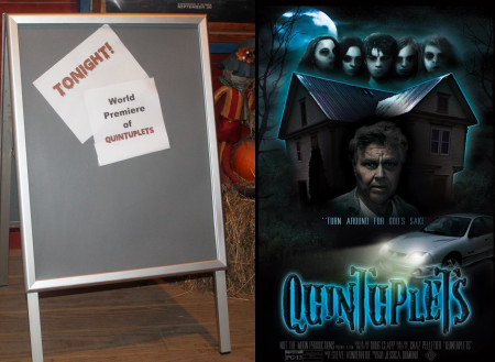 A simple sign welcomes audience members to the "Quintuplets" premiere at Century Theater in Fort Kent on Sunday, Oct. 30, 2016. Jessica Potila photo. Official movie poster art by Jesse Pinette.)