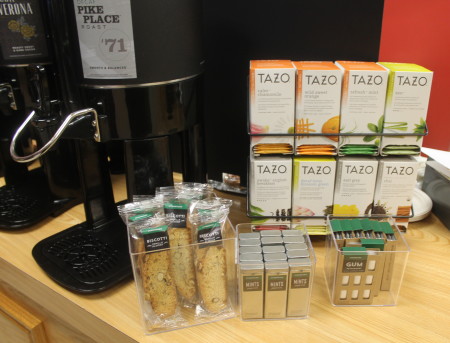 Along with world-famous Starbucks coffee, the Bengal's Lair at the University of Maine at Fort Kent also offers Starbucks brand biscotti, teas, mints and gums as of Tuesday, Nov. 29, 2016. Jessica Potila | SJVT / FhF)