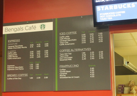A new Starbucks menu hangs at the Bengal's Lair at the University of Maine at Fort Kent on Tuesday, Nov. 29, 2016. Jessica Potila | SJVT / FhF)