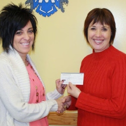 The Madawaska Education Association, made up of teachers and support staff, have made a $500 donation to the Band Boosters for the Pride of Madawaka’s trip to Washington, D.C., for the presidential inauguration. The membership feels it is a worthy educational opportunity for the students. Jenny Bechard, right, secretary/treasurer of the association, presents the check to April Leclair, a member of the boosters club. (Contributed photo)
