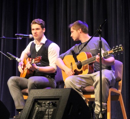 George Safonov (left) and Jon Rochester played guitar as Safonov beatboxed at the University of Maine at Fort Kent talent show on Saturday, February 4. (Jessica Potila | SJVT/FhF)