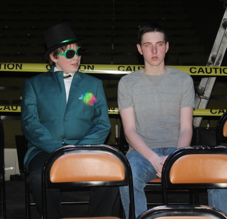 Madawaska ninth-graders Kobe Chasse (left) and Lance Corbin prepare to watch the theatrical production of "Bus Stop" at the University of Maine at Fort Kent Fox Auditorium on Wednesday, February 15. (Jessica Potila | SJVT/FhF)