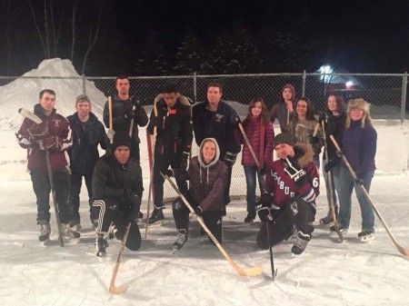 Ukrainian George Safonov, front right, a UMFK sophomore, teaches hockey lessons at the Fort Kent ice rink in January, 2017. Contributed photo)