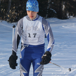 Madawaska's Ryan Levesque approaches the finish of the Feb. 7 classical-style Aroostook League championship race held at the Nordic Heritage Center in Presque Isle. (Staff photo | Kevin Sjoberg)