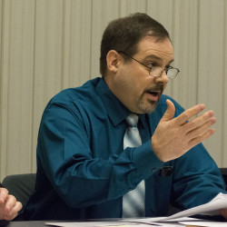 New Sweden School Committee Chair Michael Stotler explained the events leading up to a Feb. 9 meeting in which the option of school closure was discussed. Stotler told the public in attendance that the 2017-18 school budget could result in significant tax increase, and also apologized for any perceived lack of transparency with prior meetings on the subject between district leaders and town officials. (Staff photo | Christopher Bouchard)
