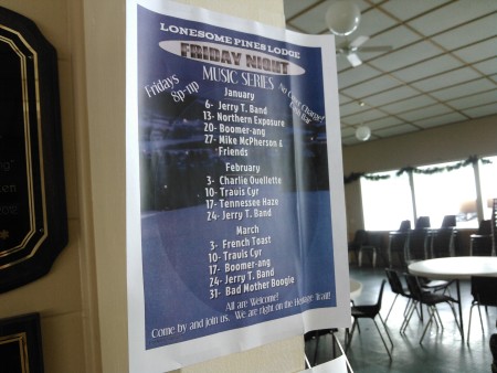 Winter is music season at Lonesome Pine Trails in Fort Kent. Inside the lodge, this flyer keeps patrons up to date on upcoming musical acts. (Don Eno | SJVT/FhF)