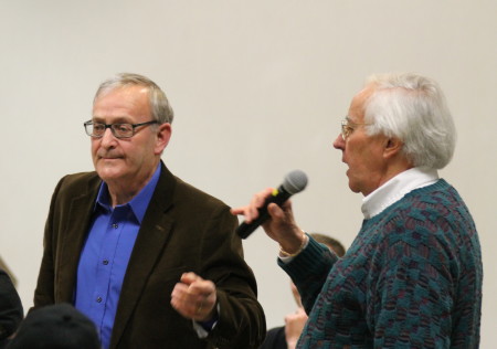 Aroostook County legislators, Danny Martin, left, and John Martin, respond to audience questions at a Town Hall meeting hosted by Maine Democratic party leaders, Friday March 3, at the University of Maine at Fort Kent. (Don Eno | SJVT/FhF)