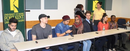 A diverse panel of students met with community members at the University of Maine at Fort Kent on Wednesday, March 8 to promote inclusion. From left: Faizi Salim, Rosevelt Smith, Ryan Merckel, Habiba Mohamed, George Safonov, Armairani Carbajal, and Ruth-Ann Lorman. (Jessica Potila | SJVT/FhF)
