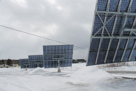 These five tracking solar panels were installed in November near the former Kent manufacturing complex in Fort Kent as part of a USDA-funded project. The property owner, Steve Pelletier, of S.P. Real Estate, also owns two Fort Kent automobile dealerships in addition to other commercial properties throughout the community. Pelletier said recently that the system is working as expected. “On sunny days it works great,” said Pelletier. “It gives us consistent power from nine in the morning until four in the afternoon.” (Don Eno | SJVT/FhF)