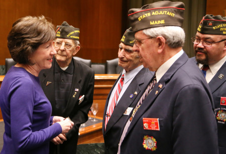 Senator Susan Collins chats with Maine VFW members March 1 at a legislative reception in Washington, D.C., in her honor, after being presented with the VFW’s 2017 Congressional Award. With her are, from left, Peter Miesburger, Maine legislative chairman, Caribou; Raymond R. Lupo, national council member, Hampden; Andre L. Dumas, adjutant, Caribou; Steven J. SanPedro, state commander, Windham. (Contributed photo)