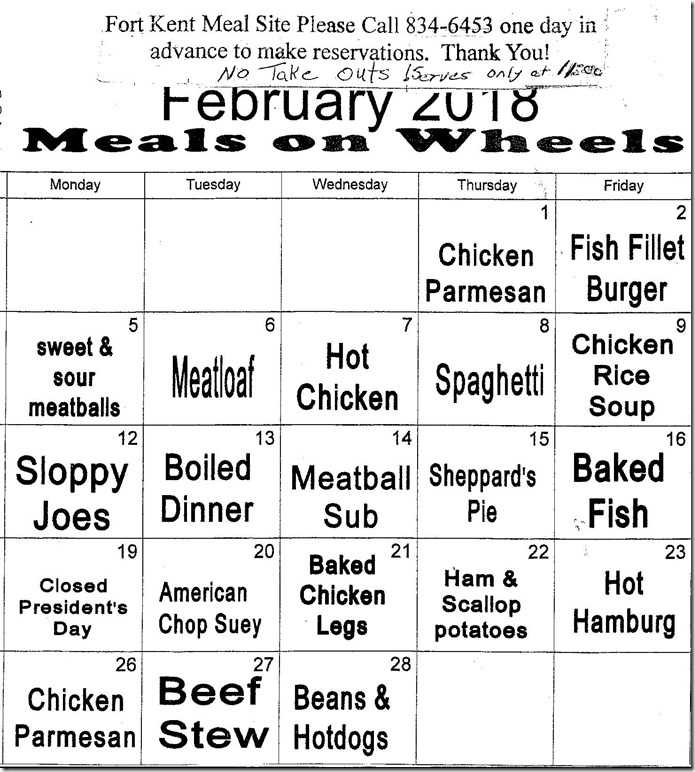 Fort Kent Meals on Wheels Menu (February 2018) Fiddlehead Focus